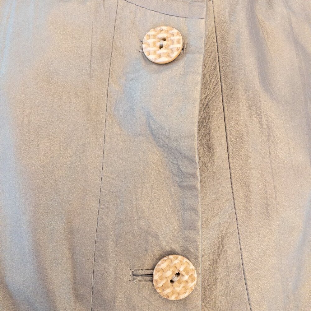 Vintage Genuine Leather Satin-Lined Puff Sleeve Button Jacket – Taupe Size M - Picture 4 of 5